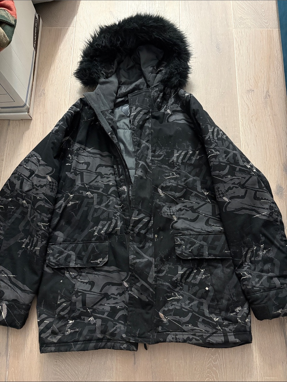 Fox Black & Charcoal Graphic Winter Parka with Faux Fur Hood